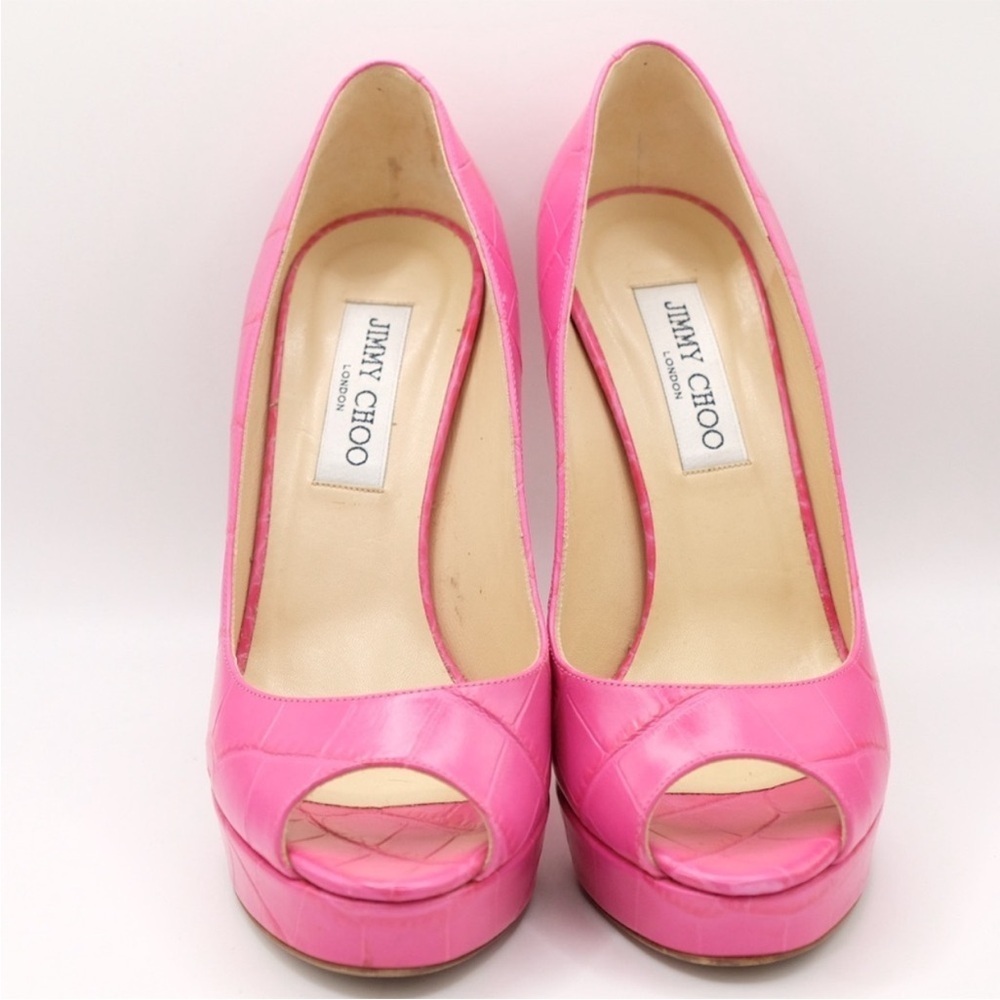 Jimmy Choo Pink Platform Heels Croc Embossed Peep Toe Barbiecore EU 38.5